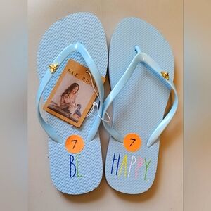 Rae Dunn BE HAPPY Blue Flip Flops Womens Size 7/8